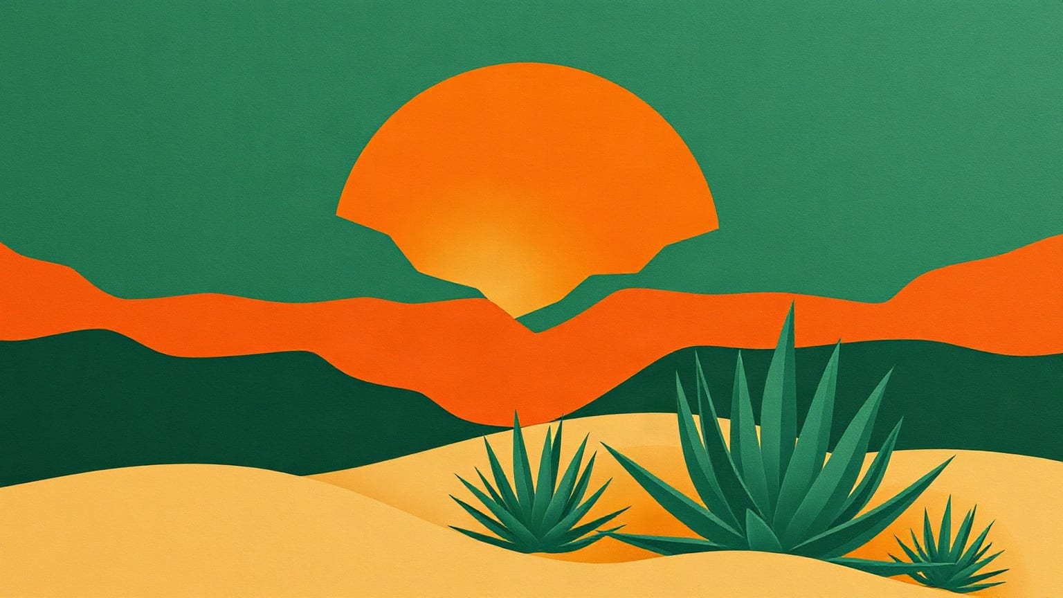 Cut-paper illustration: a wide valley of layered ridges with agave shapes in the foreground.