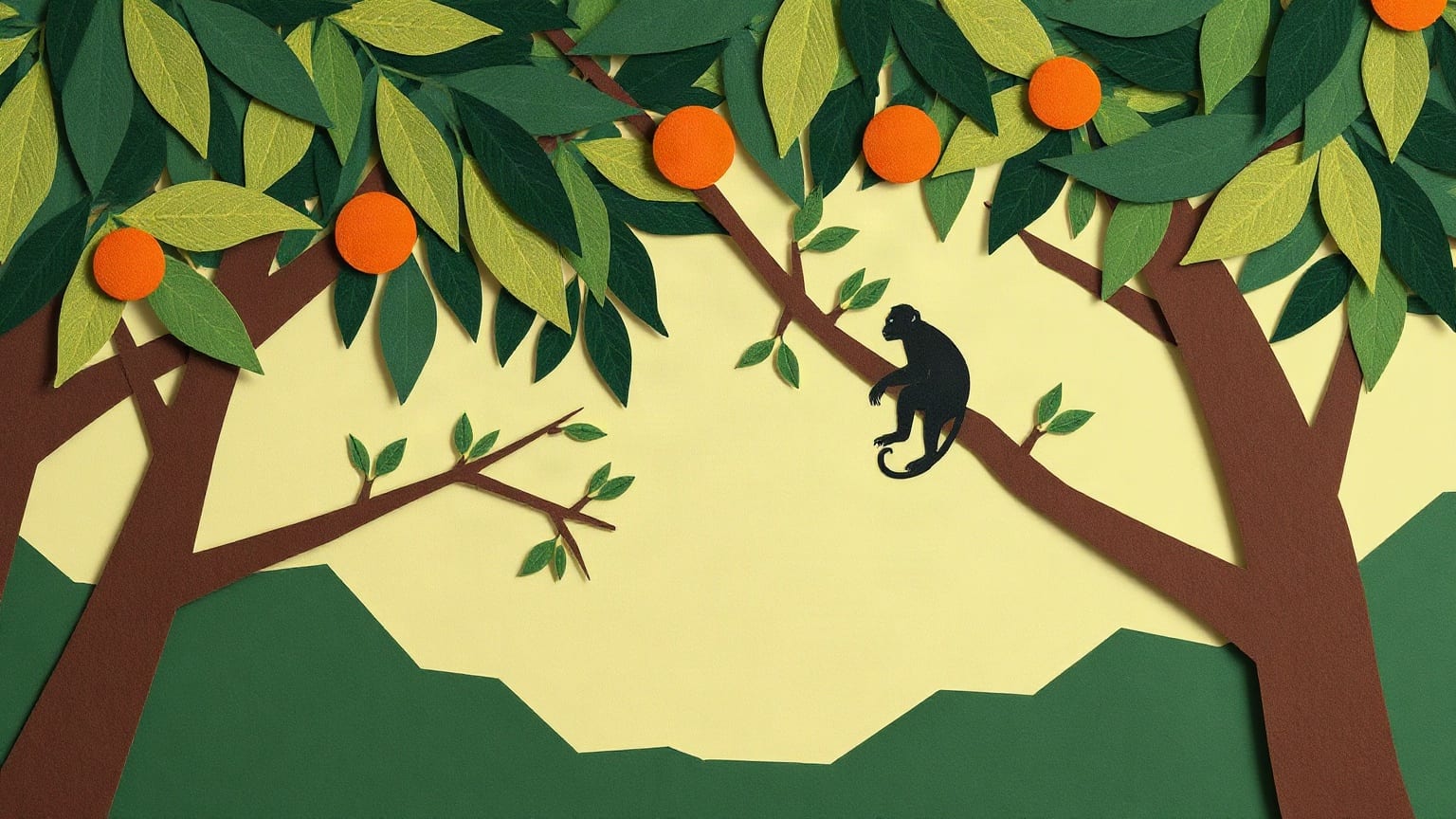 Un mono en la rama de una selva de papel, con frutas de un lado y ninguna del otro