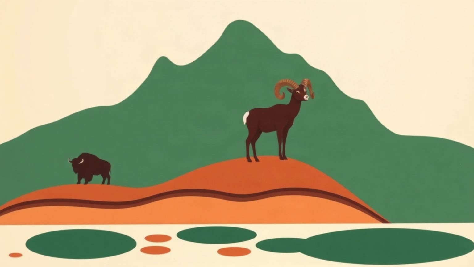Un borrego cimarrón en una loma del desierto, un bisonte al fondo y pozas de agua abajo