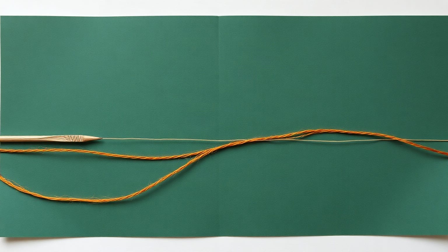 Un hilo dorado que cruza en curva un fondo verde oscuro, con una aguja de papel en el extremo izquierdo