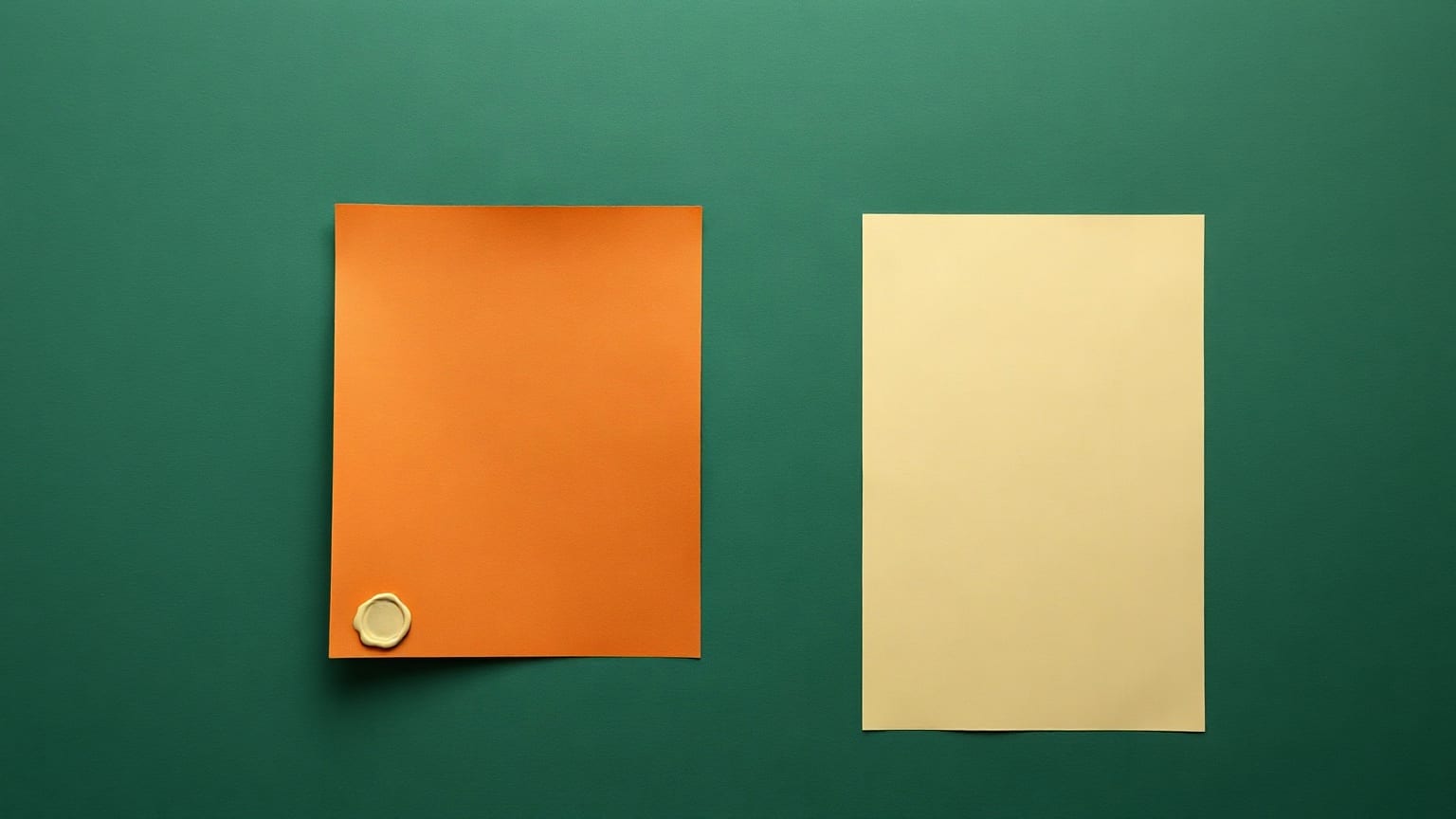 Dos hojas de papel del mismo tamaño sobre fondo verde, la de la izquierda color terracota con un sello en la esquina y la de la derecha color crema y sin nada