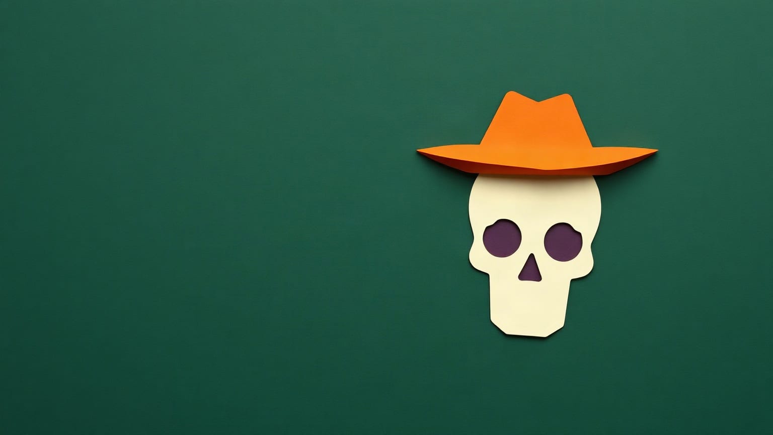 Una calavera de papel color crema con sombrero naranja de ala ancha, recortada en formas planas, a la derecha de un fondo verde oscuro
