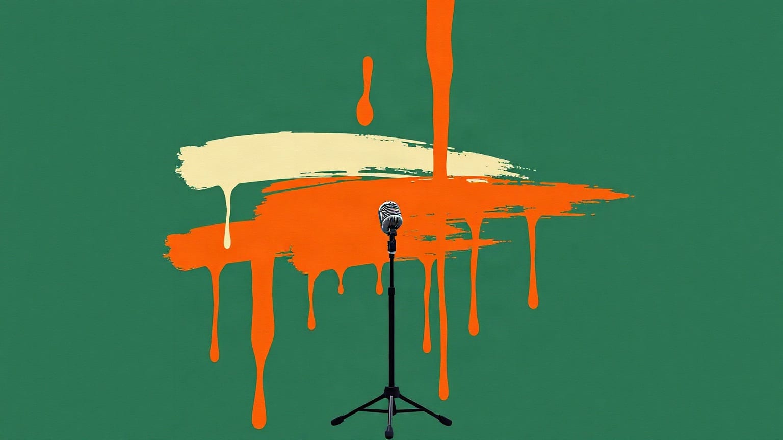 Un micrófono en su pie frente a brochazos de pintura naranja y crema que escurren sobre un fondo verde
