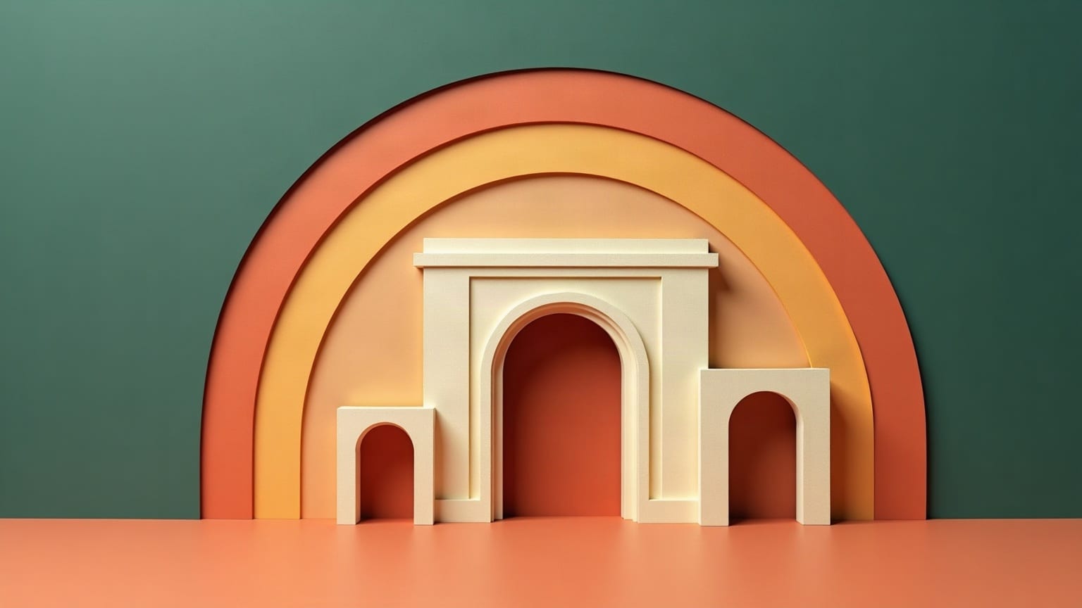 Tres arcos de papel de distinto tamaño anidados uno dentro de otro, en terracota y crema sobre un fondo verde