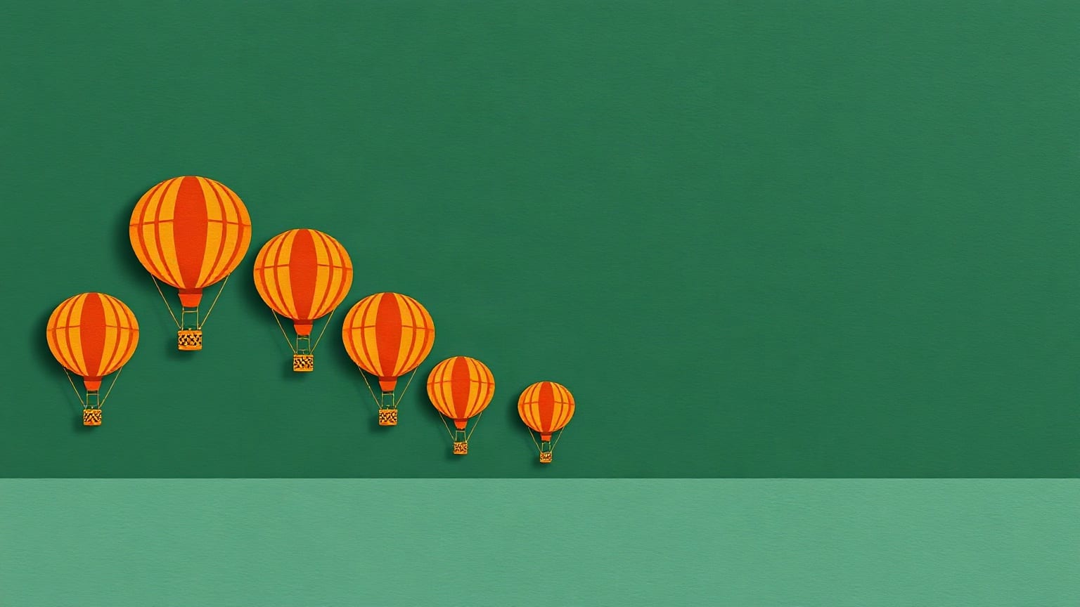 Globos aerostáticos de papel recortado en naranja y crema que descienden en diagonal por el cuadro, con una franja verde más clara al pie, sobre fondo verde bosque