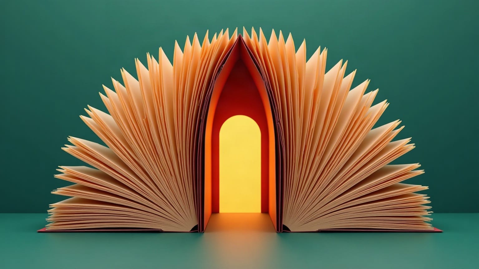 Un arco de papel verde con una puerta iluminada debajo