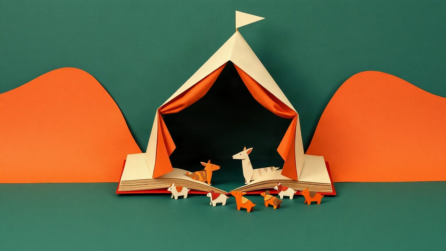 Un libro abierto que se convierte en una carpa de papel, rodeado de animales de papel doblado