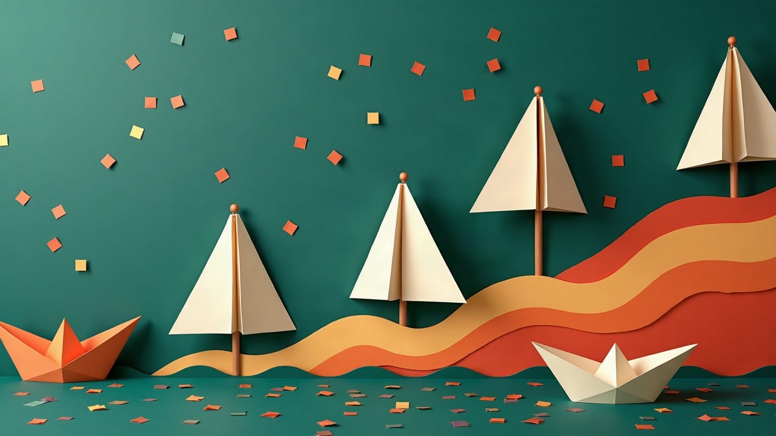 Barcos de papel y confeti sobre fondo verde