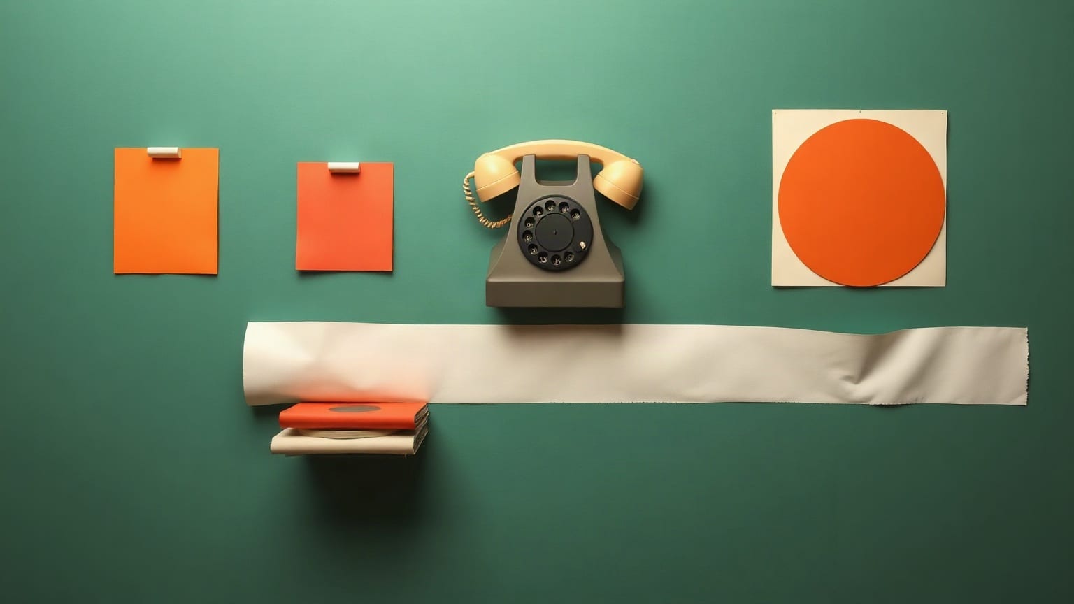 Un teléfono de disco montado en una pared de galería, con discos de vinilo y una tira de papel