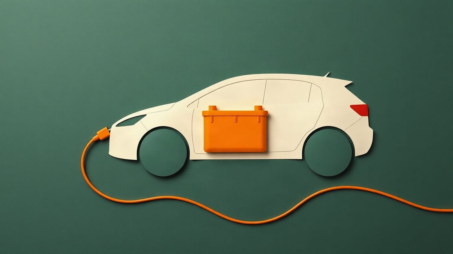 Un auto de papel recortado con una batería en el piso y un cable de carga en curva