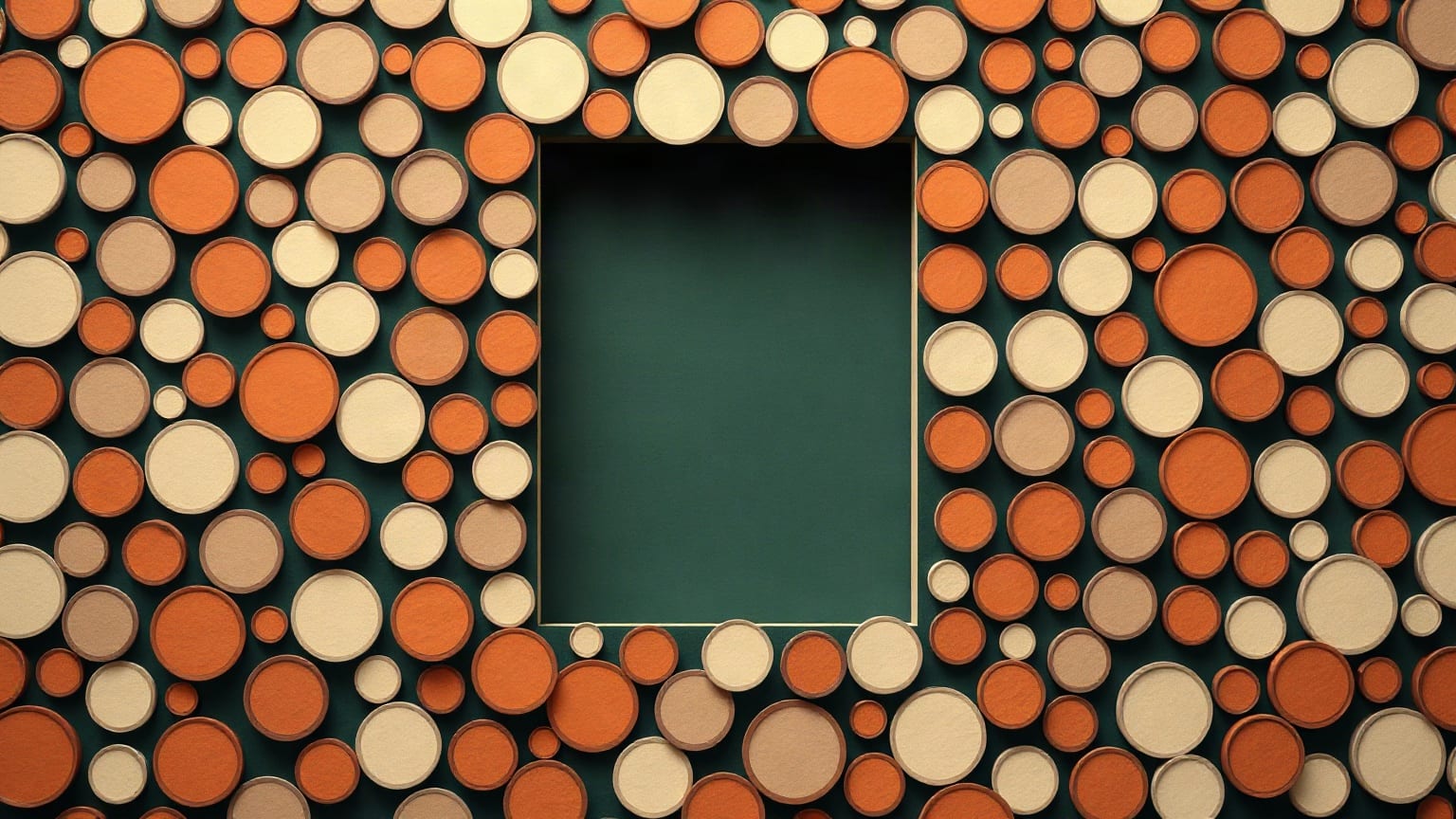 Un campo denso de círculos de papel de todos los tamaños con una sala espejada al centro