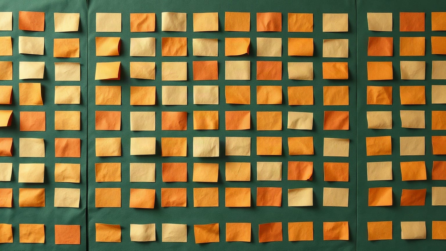 Noventa y seis rectángulos de papel en cuadrícula, cuarenta de ellos en un tono distinto