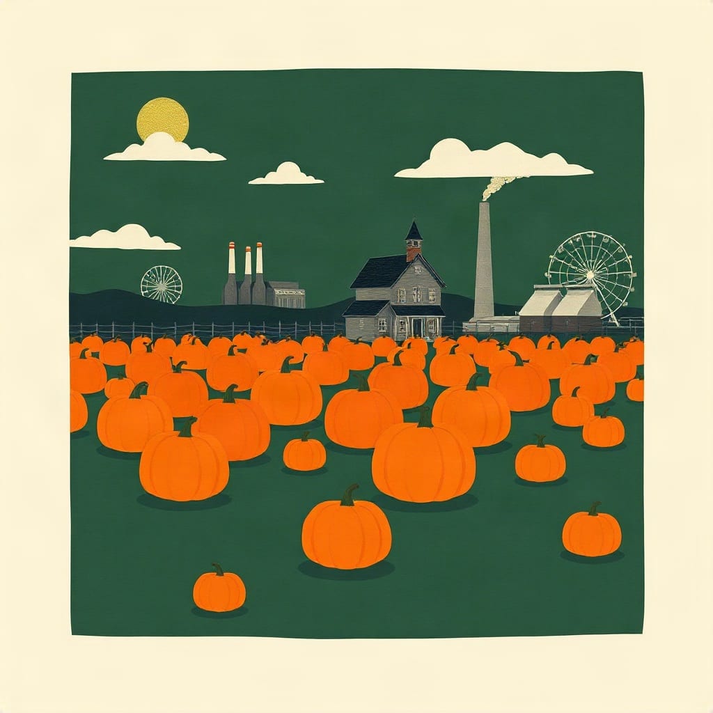 Un campo de calabazas naranjas sobre fondo verde, con una casa de techo puntiagudo, dos ruedas de la fortuna y chimeneas industriales en el horizonte