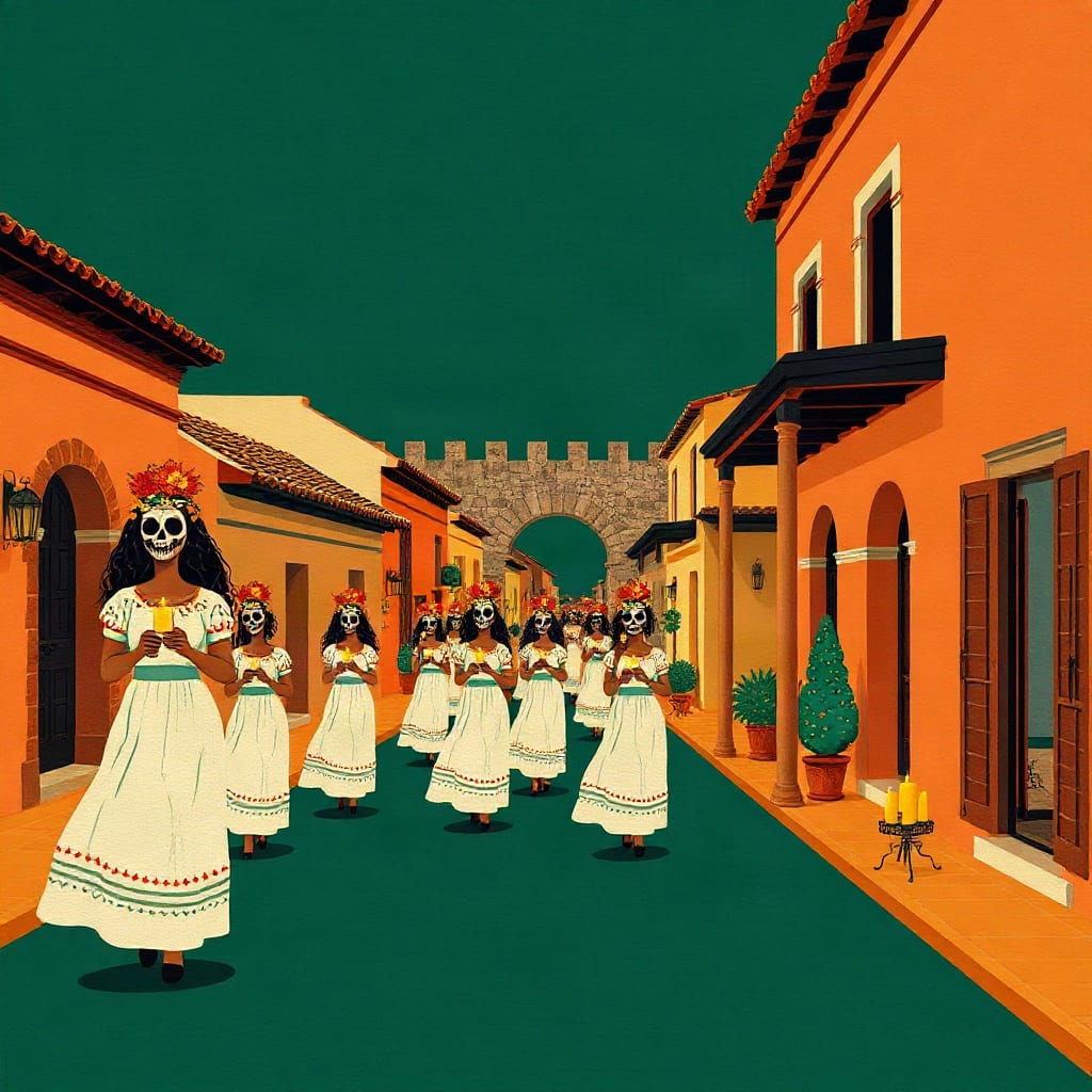 Mujeres con vestido blanco bordado, coronas de flores y la cara pintada de calavera caminan en procesión por una calle de casas coloniales hacia un arco de piedra