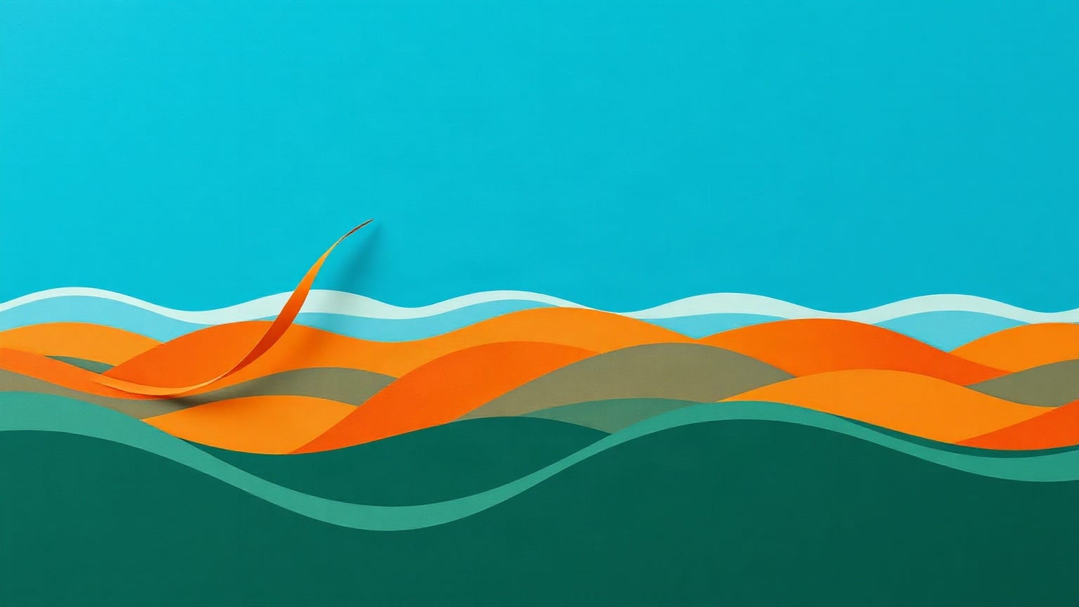 Olas de papel en capas que pasan del azul frío al naranja cálido hacia el frente