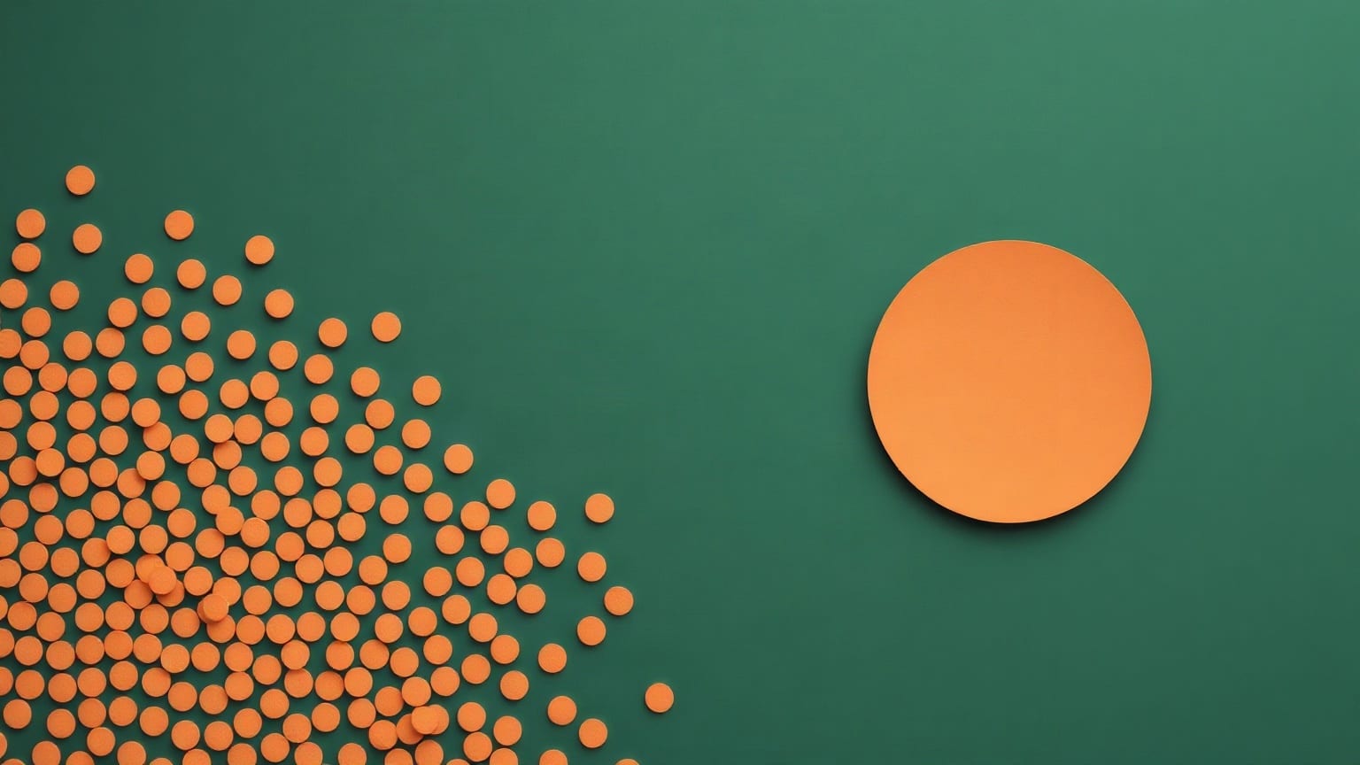 Un enjambre de pequeños discos naranjas de papel a la izquierda que se dispersa hacia un único disco grande a la derecha, sobre fondo verde oscuro