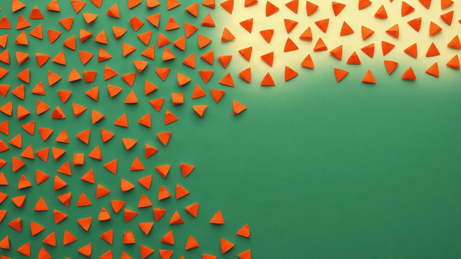 Cientos de pequeños triángulos de papel terracota que fluyen en diagonal sobre un fondo verde hacia una esquina crema