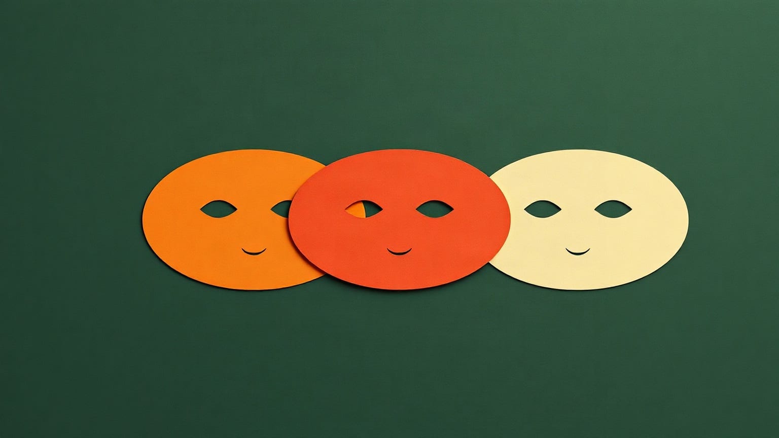 Tres máscaras ovaladas de papel — naranja, roja y crema — superpuestas en fila sobre un fondo verde oscuro